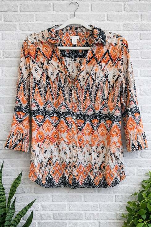 Chico's Tops - Chico's Size 2 Orange Geometric Aztec Print 100% Cotton 3/4 Sleeve Button Front